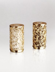 A handcrafted set of salt-and-pepper shakers makes a charming addition to the dinner table, each handcrafted in 14k goldplate with an intricate floral motif. From the Lorel Collection Set of 2 Each, 2½H X 1½ diam. Imported 