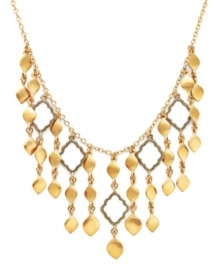 Highlight your neckline in rich, golden hues. Lauren by Ralph Lauren's stunning Kashmir bib necklace features rows of intricate teardrops and cut-out charms. Set in gold tone mixed metal. Approximate length: 16 inches + 2-inch extender. Approximate drop: 1 to 2 inches.