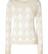 Work playful patterning into your contemporary knitwear collection with Marc by Marc Jacobs tonal birch diamond pullover - Wide rounded neckline, long sleeves, ribbed trim, dropped-stitch detail throughout - Slim straight fit - Team with casual separates and edgy studded accessories