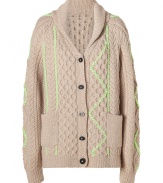 A contemporary-cool take on the classic cardigan, Sunos neon detailed textural knit is an understated way to work the brands penchant for pattern - Shawl collar, long sleeves, ribbed trim, button-down front, patch pockets, textural knit patterning, neon green stitch detail - Classic straight fit - Pair with tees and jeans, or with button-downs and leather leggings