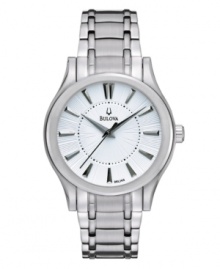 Every moment matters. Make each count with this stunning watch by Bulova. Stainless steel bracelet and round case. White striated dial with applied silver tone stick indices, three hands and logo. Quartz movement. Water resistant to 30 meters. Three-year limited warranty.