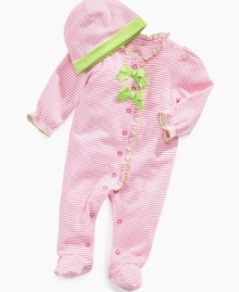 Dress up her everyday cuteness with this frilly, striped footed coverall and beanie from First Impressions.