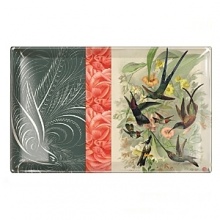 Richly patterned Fringe glass tray with antique hummingbird image and vintage pattern.