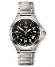 Ready for anything at anytime. This Victorinox Swiss Army watch features a stainless steel bracelet and round case. Black dial with white numerals, date window, logo and luminous hands. Swiss made. Swiss movement. Water resistant to 100 meters. Three-year limited warranty.