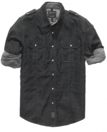 Work the cuffs. This Calvin Klein shirt gives your wardrobe a rugged blue-collar look.