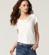 The simple tee gets revamped with metallic stripes and a cute draped neckline in this look from Calvin Klein Jeans!