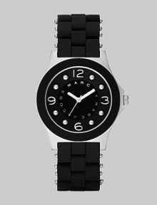 A sleek, understated timepiece with stainless steel accents and silicon wrapped bracelet.Quartz movement Water resistant to 3 ATM Stainless steel case, 36.5mm, (1.43) Black dial with concave ring Numeral and dot hour markers Second hand Silicon wrapped stainless steel bracelet, 18mm, (.71) Imported 