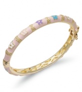 A pretty accent for your petite one. This delicate bangle bracelet features a pink and multicolored enamel flower decor over a 18k gold over sterling silver setting. Bracelet secures with a hinge clasp. Approximate diameter: 2 inches.