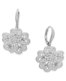 Sparkle that fits just right. The medium-sized Plumeria drop earrings by Eliot Danori feature an intricate floral pattern decorated by dozens of round-cut crystals. Set in silver tone mixed metal. Approximate drop: 3/4 inch.