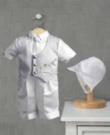 His special day deserves a special outfit like this shirt, vest and short 3-piece satin christening set with matching hat and tie from Lauren Madison.