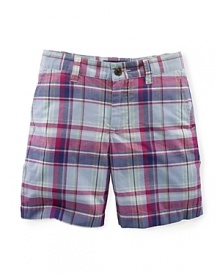 A lightweight woven-cotton Bermuda short exudes preppy polish in a vibrantly hued, classic madras.