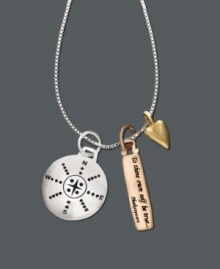 This charming necklace will help you navigate your way to style. Sterling silver pendant features three charms including a sterling silver compass, a 14k gold-plated heart, and an inspirational 14k rose gold-plated tag that reads: To thine own self be true by Shakespeare. Approximate length: 18 inches. Approximate drop: 3/4 inch.