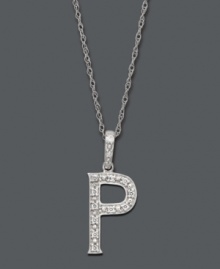 Spell it out in sparkle! This personalized initial charm necklace makes the perfect gift for Priscilla or Patty. Features sparkling, round-cut diamond accents. Setting and chain crafted in 14k white gold. Approximate length: 18 inches. Approximate drop: 1/2 inch.