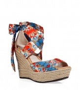 Stylish espadrille sandal in fine, multicolor silk viscose - Vibrant red and blue Ikat print ties snake around the ankles and knot at back - Beige silk upper and lining - 4.5 raffia wedge heel and 1.5 platform - Silk upper and sole - Bold and boho, adds an instant shot of 70s-inspired glamour to any ensemble - Pair with a gauzy short dress, a high waisted skirt and tank or a tunic top and shorts