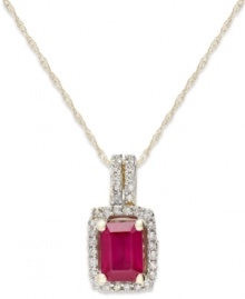 A touch of crimson. This brilliant-hued pendant features an emerald-cut ruby (1 ct. t.w.) surrounded by round-cut diamonds (1/5 ct. t.w.). Set in 14k gold. Approximate length: 18 inches. Approximate drop: 5/8 inch.