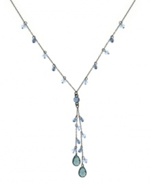 Chic cascade: Adorned with light blue briolette glass beads set in hematite tone mixed metal, 2028's Y necklace conveys a dramatic waterfall effect. Approximate length: 16 inches + 3-inch extender. Approximate drop: 2-1/2 inches.