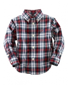 A classic button-down design is crafted from soft cotton poplin in traditional tartan plaid for timeless appeal.