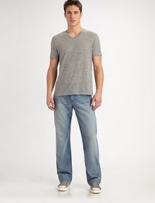 Genuine American style for the modern man, crafted with a relaxed fit in medium-wash denim that's perfect for transitioning between seasons. Subtle hand-sanding lends worn-in character to a new favorite fit. Five-pocket style Straight legs Sits higher on the waist Signature stitching on back pockets Inseam, about 33 9.25 oz. cotton denim Machine wash Made in USA 