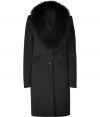 Work an edge of glamour into your outerwear wardrobe with Josephs ultra luxurious black wool coat, finished with a textual raccoon fur collar for that impossibly chic feel - Notched raccoon fur collar, long sleeves, buttoned cuffs, button closures, slit pockets, back vent - Slim tailored fit - Wear with bright leather accessories and statement sunglasses