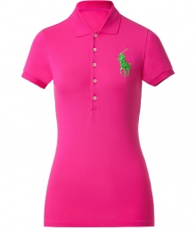 Detailed in breathable cotton stretch mesh, Ralph Laurens big pony polo is a cool modern take on this iconic style - Small collar, button placket, short sleeves, oversized shiny green embroidered polo player at chest, slit sides, high-low hemline - Slim fit - Wear with your favorite jeans and just as bright loafers