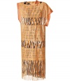 Inject edgy luxe into your party-ready look with this 1970-inspired fringed frock from Missoni - Bateau neckline, oversized overlay with short asymmetrical sleeves sheer loose stitched panels, and a fringe detailed hem, solid printed figure-hugging underlay - Perfect for cocktail events, pair this dress with sky-high platforms and an embellished clutch