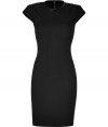 A chic LBD essential with an edge of sharp seduction, LAgences black tailored sheath is a must for polished cocktails looks - High rounded neckline with satin and crinkle patent trim, cap sleeves, metal back zip, contoured seaming, kick pleat - Form-fitting - Team with flawless pumps and a streamlined envelope clutch