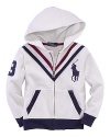 A traditional zip-up hoodie is accented with contrasting chevron stripes for a sporty look.