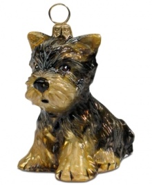 Puppy love at first sight. Just begging for a home, this Yorkshire terrier ornament is irresistible to animal lovers in hand-painted glass by Joy to the World.