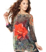 Layer on this sheer Desigual mixed-print tunic for a splash of color over a simple ensemble!