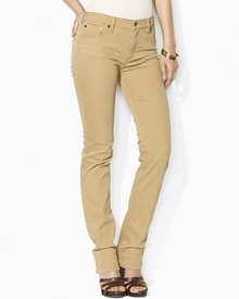 An essential denim jean features a slim, straight leg and a hint of stretch for a versatile, modern look.