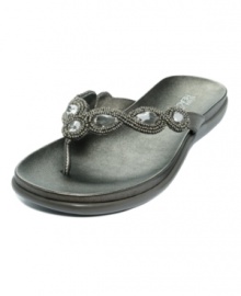 The Kenneth Cole Reaction Super Glam Sandals add tons of shine to the basic flip flop with beaded trim and rhinestone-embellished straps.