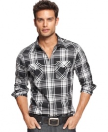 Infuse your casual wardrobe with some southwestern swagger. This snap front plaid shirt from Marc Ecko Cut & Sew helps to wrangle in your cool denim style.