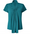 Raise the bar on contemporary classics with Steffen Schrauts elegant turquoise short sleeve silk top -  Small stand up collar with decorative draped silk panel at front - Easy, feminine silhouette tapers gently through waist - Pair with a blazer or denim jacket and style with with pencil skirts, skinny denim or dress trousers