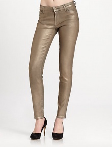 Goldtone metallic finish adds a stunning, leather-like look to these stretchy, mid-rise skinnies. THE FITMedium rise, about 8Inseam, about 30THE DETAILSZip flyFive-pocket style98% cotton/2% spandexMachine washMade in USA of imported fabricModel shown is 5'9 (175cm) wearing US size 0.