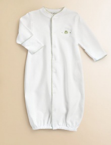 This soft cotton gown with embroidery can be converted to legs. Picot trim Front snaps Cotton; machine wash Imported