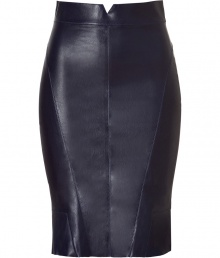 Luxe skirt in sumptuously supple, navy blue leather - A sexy standout from cult French leather label Jitrois - Classic, curve-hugging pencil cut with new, higher waist and gently flared hem - Diagonal seams flatter and accentuate the hips - Hits above the knee, zips at back - Slickly stunning, a must for day or evening - Dress up with a button down blouse, blazer and pumps, or go for a slightly more casual look with flat sandals and a silk top