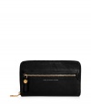 Tote around your travel essentials in style with this black leather wallet from Marc by Marc Jacobs - Zippered front pocket, embossed logo, zip-around closure, multiple card slots and zippered inside pocket - Perfect for keeping organized on vacation or giving as a sleek holiday gift