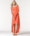 A high-low hem adds dramatic flair to BCBGMAXAZRIA's off-the-shoulder maxi dress-- make a statement this season!