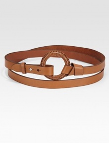 Two butter-soft leather straps complemented by a signature O-ring. This classic belt wraps around the waist twice for an undeniably chic look.About 1 wideLeatherImported