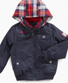 When the cold sets in, bundle him up in the crisp style of this hooded jacket from Tommy Hilfiger.