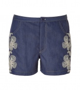 Chic denim shorts in fine, blue lyocell blend - Board short style in a supremely soft, flattering fabric - Floral embroidery at sides - Two pockets - Button closure and zip fly - Slim cut, shorts hit mid-thigh - Great for leisure or your next beach getaway - Pair with a billowy tunic top and sandals, or wear with a loose button down and platform wedges