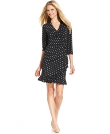 Alfani outfits this faux wrap dress with playful feminine touches like polka dots and ruffles. A sophisticated-but-fun look for the office and beyond!