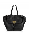 Enviable handbag in fine black leather has a classic shape perfect for the modern world - Designed by Marc Jacobs with a spacious bulbous body, two short handles, flap, buckle and zipper pulls - Decorative gold-color logo plate - High quality, functional design for everyday use