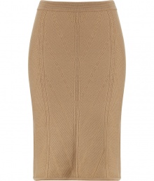 An elegant, allover knit pattern lends this caramel wool Alberta Ferretti skirt its ladylike-with-a-twist chic - Pull-on style, with flattering decorative seam detail - Sophisticated and feminine, easily transitions from the office to cocktails or dinner - Medium-rise, curve-hugging pencil cut - Pair with a blazer and blouse, a leather jacket and silk top or a cashmere pullover