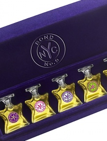 A quintet of Bond No. 9 favorites, these eau de parfum miniatures (ideal for travel) stand at the ready in their transparent bottles, secured in their velvet jewel box. This is the ideal gift for the frequent flyer who rotates her travel scents from trip to trip. Scents: Bleecker Street, Chinatown, The Scent of Peace, Madison Square Park and Central Park West. 0.17 oz. each. Made in USA. 