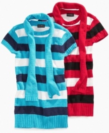 Soft and sweet. Give her look a colorful pop with these stripe sweater and scarf from Forever and Ever.