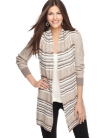 Contrasting patterned knit stripes lends a boho-casual appeal to this long Alfani cardigan -- perfect for a layered fall look!