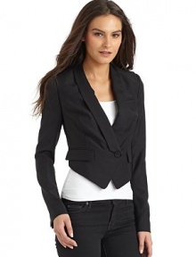 THE LOOKA classic waiter's jacket in fine wool gabardineShawl collarShoulder panelsSingle-button front with dartsOne breast pocketLong sleeves with tiny ventsWaiter-style pointed front hemFront pocket flapsFully linedTHE FITAbout 21 from shoulder to longest front hemAbout 15 from shoulder to hem in backTHE MATERIALWoolCARE & ORIGINDry cleanImported