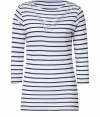 Classic nautical stripes and a quirky-cool necklace detail make this fun top from Steffen Schraut a stylish girls must-have - Bateau neck, three-quarter sleeves, slim fit, long body, all-over stripes, necklace detail at neckline - Pair with skinny jeans, embellished ballet flats, and a boyfriend blazer