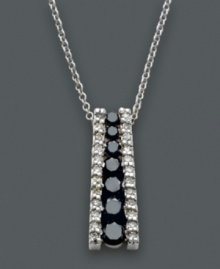 Add a sleek drop of sparkling sophistication. This chic Effy Collection necklace features a graduated drop design decorated with a row of round-cut black diamonds (3/8 ct. t.w.) at the center and two side rows of white diamonds (1/5 ct. t.w.). Set in 14k white gold. Approximate length: 18 inches. Approximate drop: 3/4 inch.